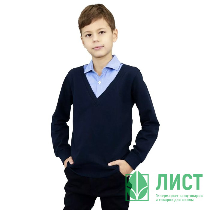 Джемпер-обманка для мальчика (UNIKKIDS) арт.UK-1010 размерный ряд 30/122-46/170 цвет темно-синий с голубым воротом