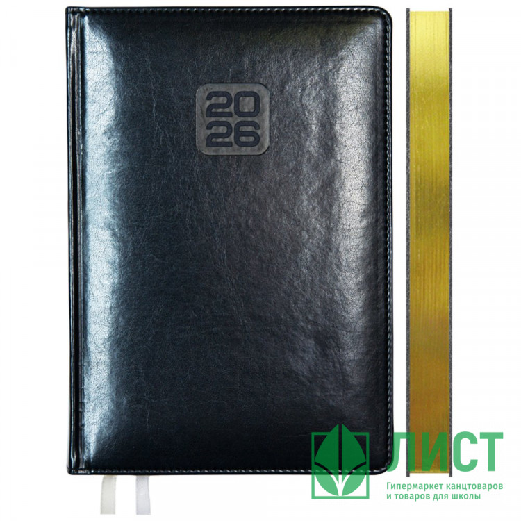 Ежедневник датированный 2026 "deVENTE "Bravo" A5 (145 ммx205 мм) 336 стр, белая бумага 70 г/м² с золотым срезом, печать в 2 краски, твердая обложка из искусственной кожи с поролоном, отстрочка, термо тиснение, закругленные уголки, перфорация, 2 ляссе, в т