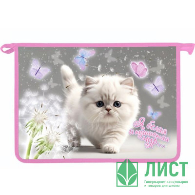 Папка школьная для тетрадей А4 на молнии (Оникс) Белый котик дизайн с двух сторон арт.ПТ-835 Папка школьная для тетрадей А4 на молнии (Оникс) Белый котик дизайн с двух сторон арт.ПТ-835