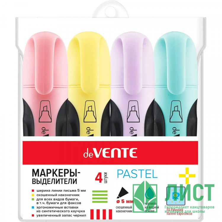 Набор текстовыделителей deVENTE 1-5мм пастельные, 4 цвета (желтый/розовый/фиалковый/бирюзовый) арт.5045809 (Ст.12)