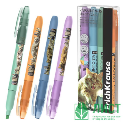 Маркер флуорисцентный ErichKrause Visioline V-15 Big City Cats 0,6-3,5мм 4 шт ассорти арт.63369 (Ст.24) Маркер флуорисцентный ErichKrause Visioline V-15 Big City Cats 0,6-3,5мм 4 шт ассорти арт.63369 (Ст.24)