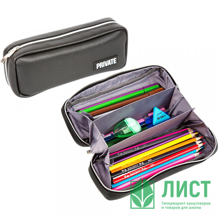 Пенал-косметичка 3 отделения кожзам (deVente) Private черный 210x90x50мм арт.7025257