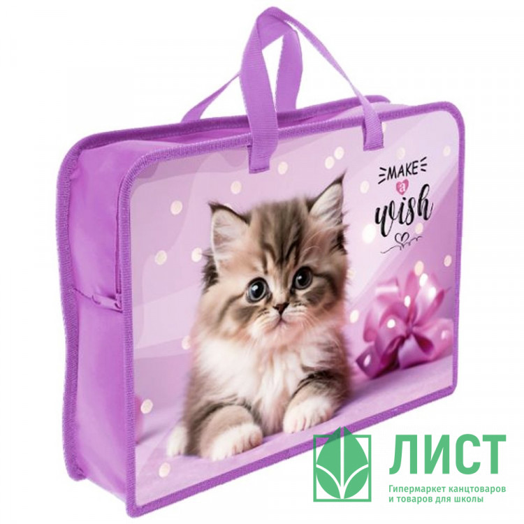 Сумка пластик А4 (Оникс) на молнии ручка-тесьма арт ПТ-14-4 Котик в горошках широкая боковинка