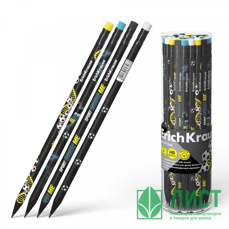 Карандаш чернографитный  ErichKrause с ластиком  Sport DNA круглый, ассорти арт.60708 (Ст.42)