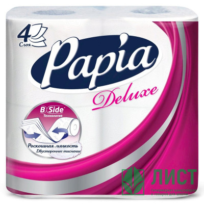 Бумага туалетная 4-слоя втулка 4 рулона в упаковке Papia Deluxe Бумага туалетная 4-слоя втулка 4 рулона в упаковке Papia Deluxe
