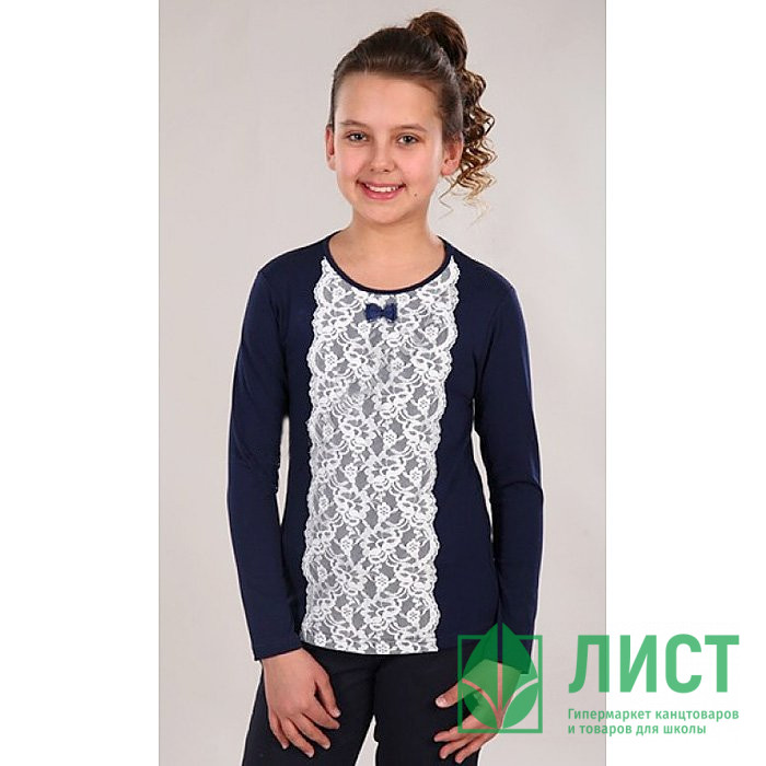 Блузка для девочки трикотажная (Ликру) длинный рукав цвет темно-синий арт.1068 размер 128