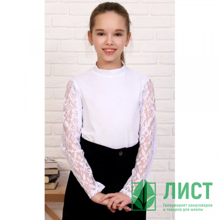 Джемпер для девочки трикотажный (Ликру) длинный рукав цвет белый арт.1077 ПРИНЦЕССА Школы.3 размерный ряд 32/128-36/140