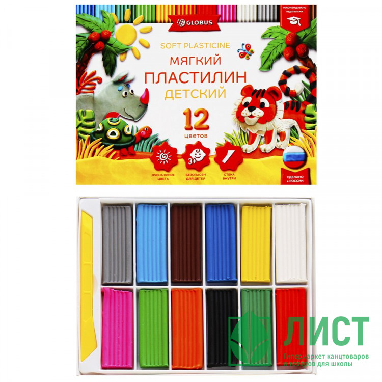 Пластилин 12 цветов 180 грамм (GLOBUS) классический повышенной мягкости арт ПЛ12Д