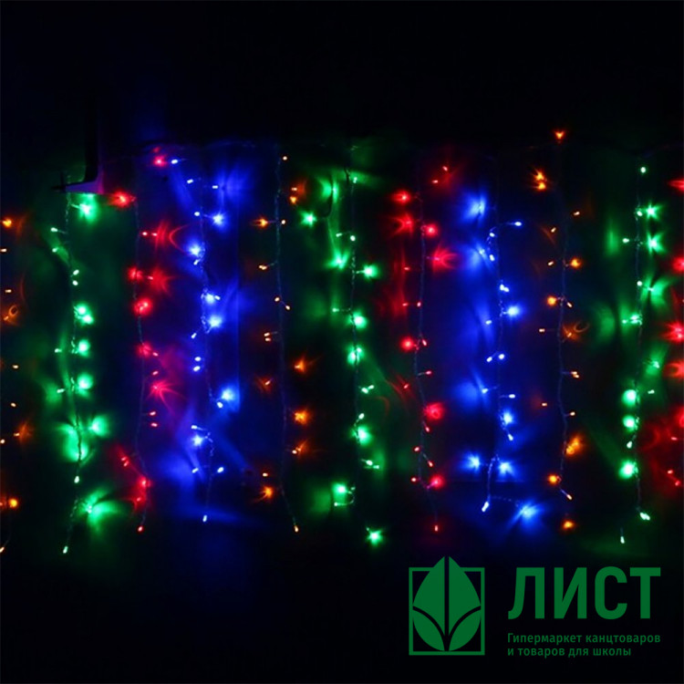 Гирлянда электрическая для дома занавес Дождь 1,5*2,5м 360LED цвет мульти (светлый провод) 8режимов (можно соединять) арт.131-030