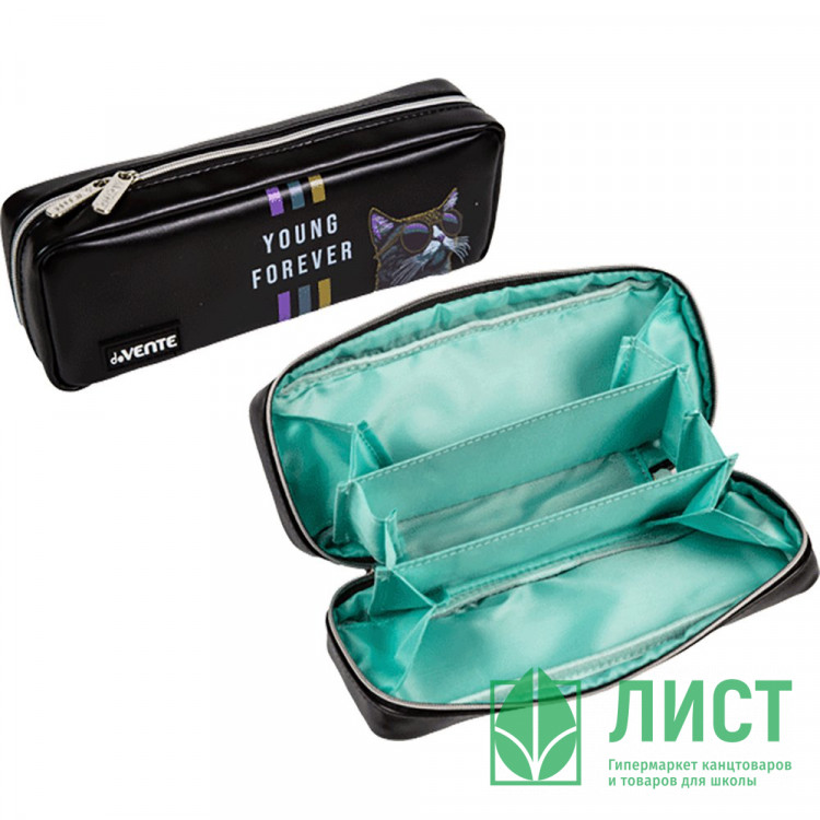 Пенал-косметичка 3 отделения кожзам (deVente) Young Forever 210x90x50 мм темно-серый арт.7029411