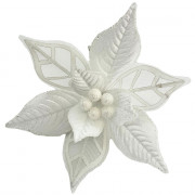 Украшение декор. на клипсе "Цветок. Пуансеттия" 21см цв.белый/серебро арт.92433