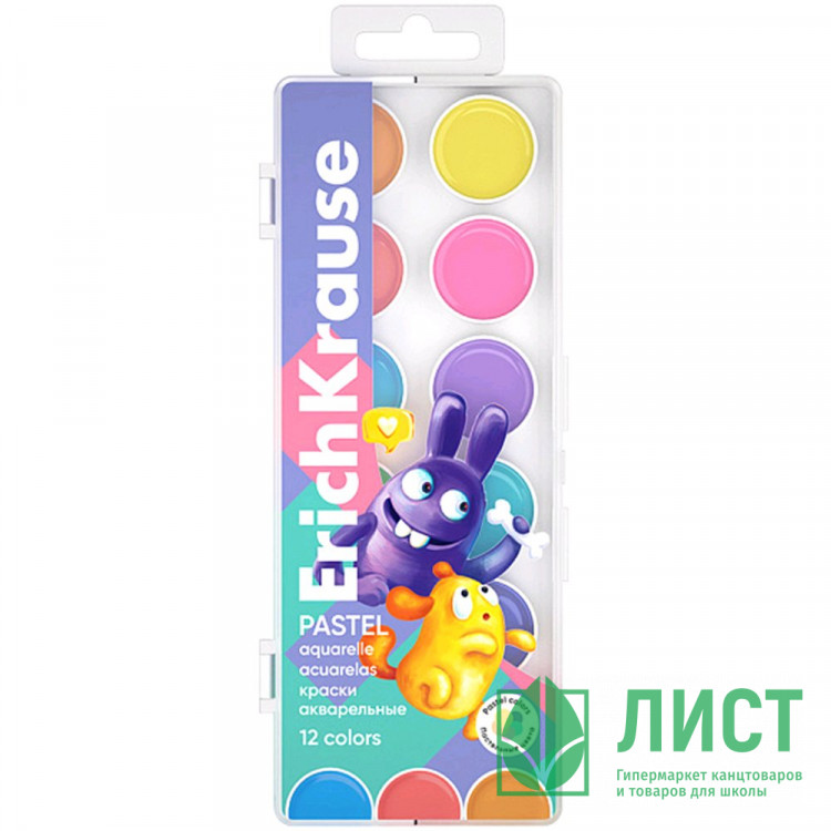 Акварель 12 цветов (ErichKrause) Jolly Friends Pastel пластиковая коробка без кисти арт 61370