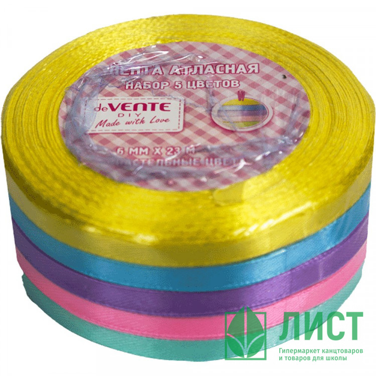 Лента атласная декоративная 5 цветов (deVENTE) 6мм x 23м пастельное ассорти набор арт.9040300