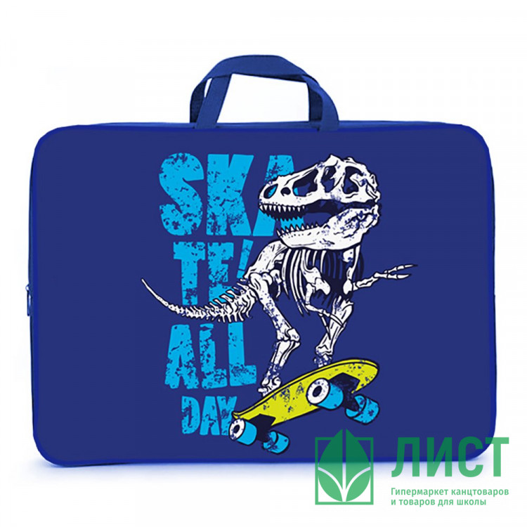 Папка А3 текстиль на молнии ручка-тесьма широкая боковина (ОНИКС) Дино на скейте арт. ПМД 3-20-4