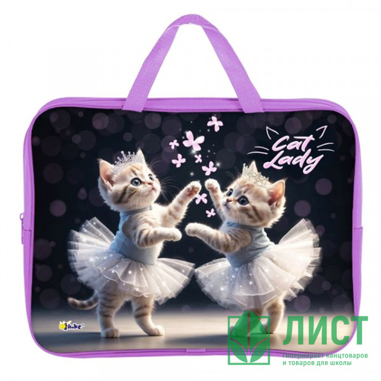 Папка А4 текстиль на молнии ручка-тесьма широкая боковинка (Оникс) Cat ballet арт.ПМД 4-20