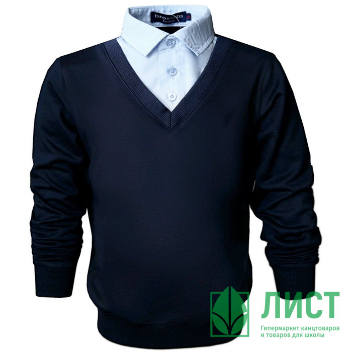 Джемпер-обманка для мальчика (BROSTEM) арт.DO1A16-69 размерный ряд 34/128-46/164 цвет темно-синий с голубым воротом