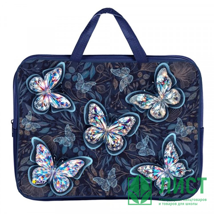 Папка А4 текстиль на молнии ручка-тесьма широкая боковинка Оникс Полёт бабочек арт.ПМД 4-20