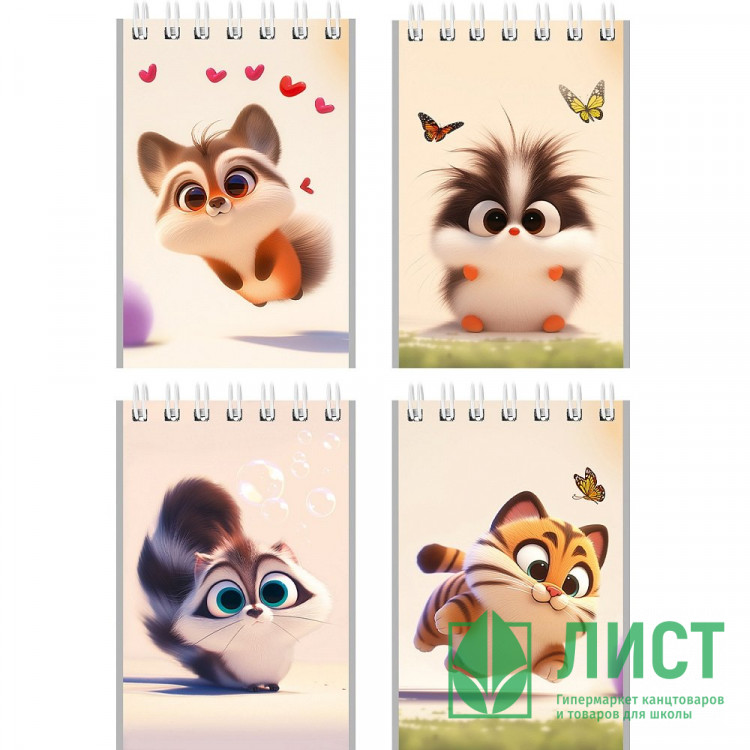 Блокнот А7 мягкая обложка на гребне 40 листов (Prof-Press) Милые животные-8 клетка арт.Б40-9332