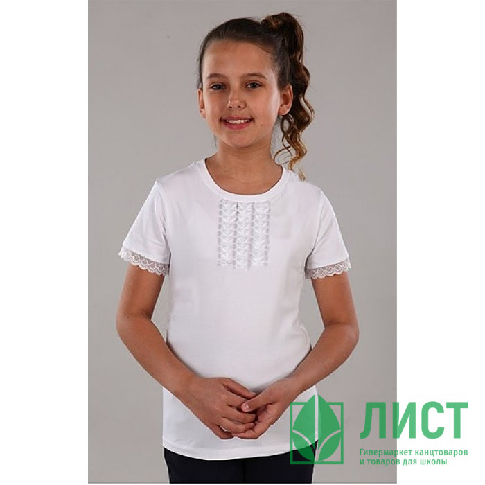 Блузка для девочки трикотажная (Ликру) короткий рукав цвет белый арт.1130 размер 128