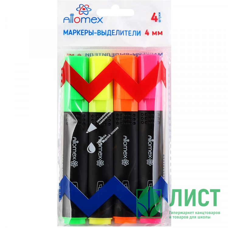Маркер флуорисцентный  Attomex 1-4мм набор 4шт желтый/зеленый/оранжевый/розвый арт.5045304