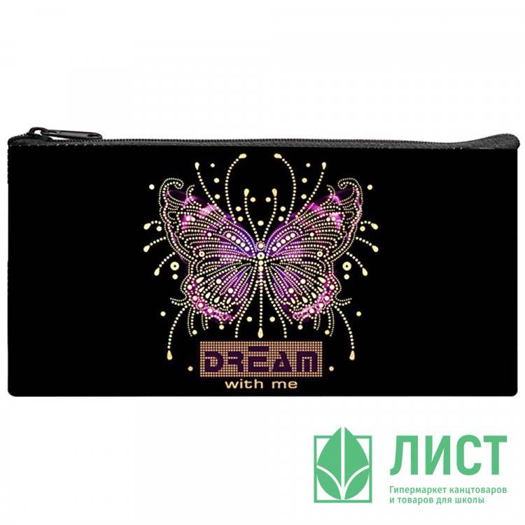 Пенал-косметичка 1 отделение плоский (ОНИКС) ПМП 17-20 Бабочка на чёрном ручка на карабине, ткань
