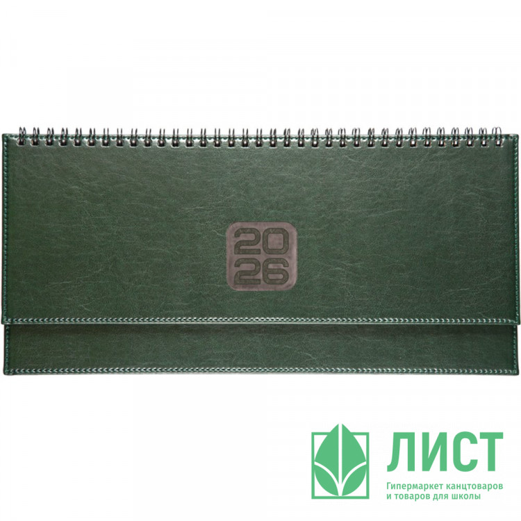 Планинг датированный 2026 "deVENTE. Bravo" (294 ммx142 мм) 128 стр, белая бумага 70 г/м², печать в 2 краски, твердая обложка из искусственной кожи с поролоном, отстрочка, термо тиснение, евро спираль, в термоусадочной пленке, зеленый
