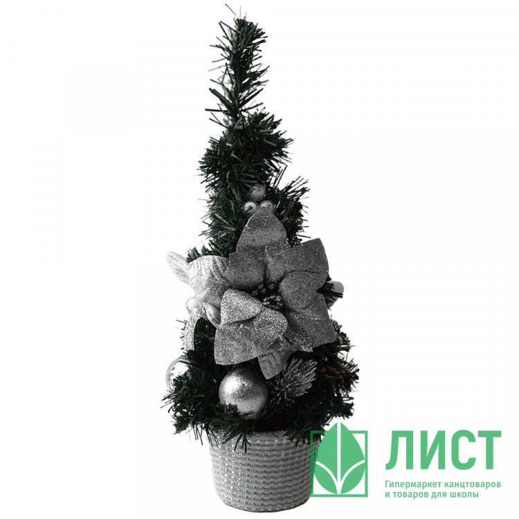 Композиция новогодняя настольная в горшочке "Зимняя нежность" 40см цв.серебро арт.107-6188