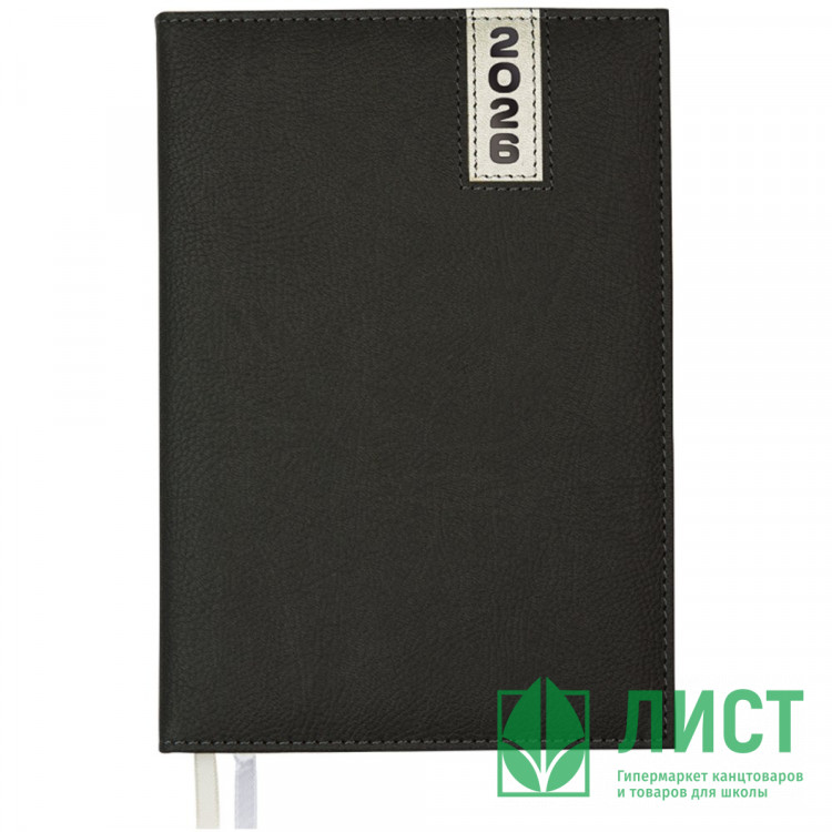 Ежедневник датированный 2026 "deVENTE. Vertical" A5 (145 ммx205 мм) 336 стр, белая бумага 70 г/м², печать в 2 краски, твердая обложка из искусственной кожи с поролоном, отстрочка, термо тиснение, перфорация, 2 ляссе, в термоусадочной пленке, черный