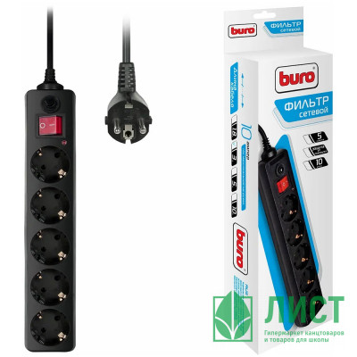 Сетевой фильтр BURO 500SH-3-B, 3м, 5 розеток черный Сетевой фильтр BURO 500SH-3-B, 3м, 5 розеток черный