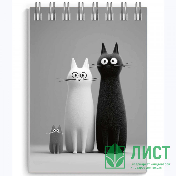 Блокнот А7 мягкая обложка на гребне 40 листов (Феникс) Черно-белые коты выб.УФ-лак арт.73410