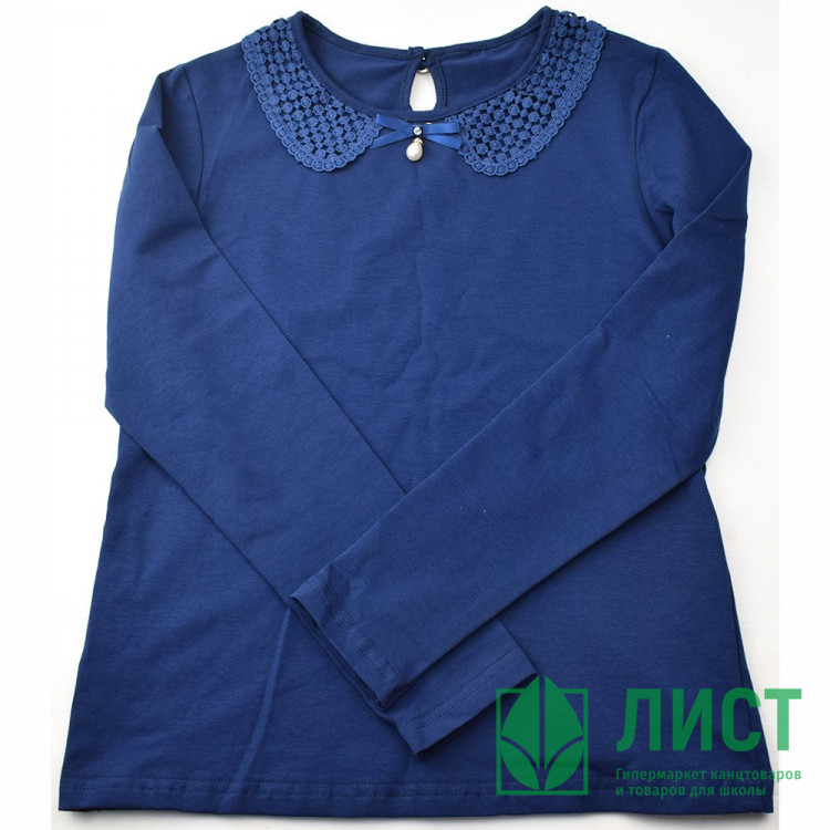 Джемпер для девочки трикотажный (Ликру) длинный рукав цвет темно-синий арт.0052 Евгения размерный ряд 32/128-36/140