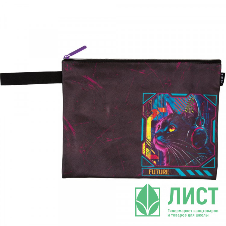 Папка школьная для тетрадей А4 на молнии кожзам (deVENTE) Label. Cyber Cat с ручкой арт.8053509