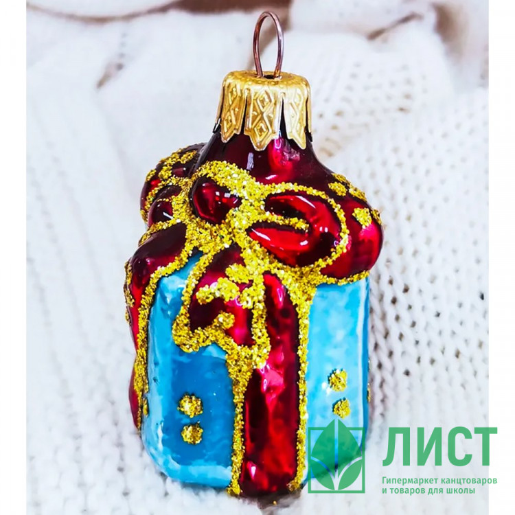 Украшение декоративное стекло 06см "Подарок" голубой п/у арт.ФУ-167/3