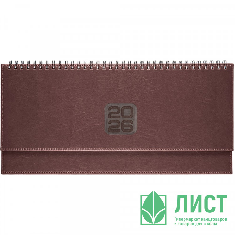 Планинг датированный 2026 "deVENTE. Bravo" (294 ммx142 мм) 128 стр, белая бумага 70 г/м², печать в 2 краски, твердая обложка из искусственной кожи с поролоном, отстрочка, термо тиснение, евро спираль, в термоусадочной пленке, коричневый