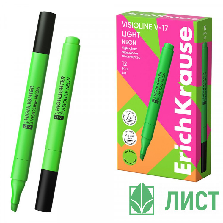 Текстовыделитель  ErichKrause Visioline V-17 Неон (Neon) 0,6-3мм скошенный зеленый арт.63557 (Ст.12)