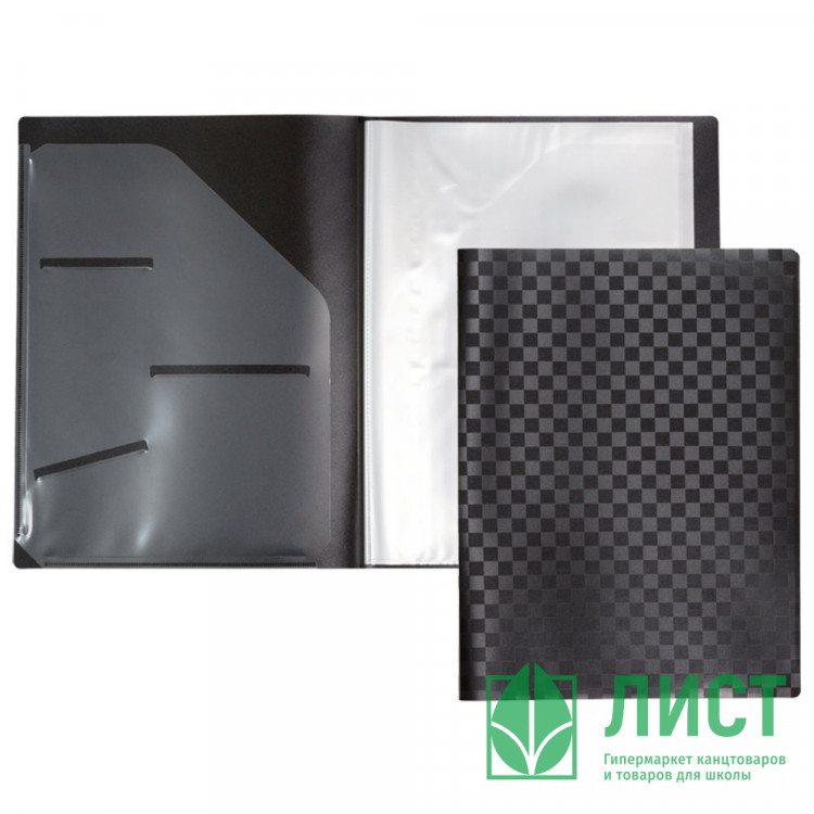 Папка с 020 вкладышами A4 "deVENTE. TOTAL BLACK" A4 (235x310x15 мм) 400 мкм, фактура "шахматная доска" тиснение фольгой, вкладыши 30 мкм, с внутренним карманом 160 мкм, черная, индивидуальная упаковка